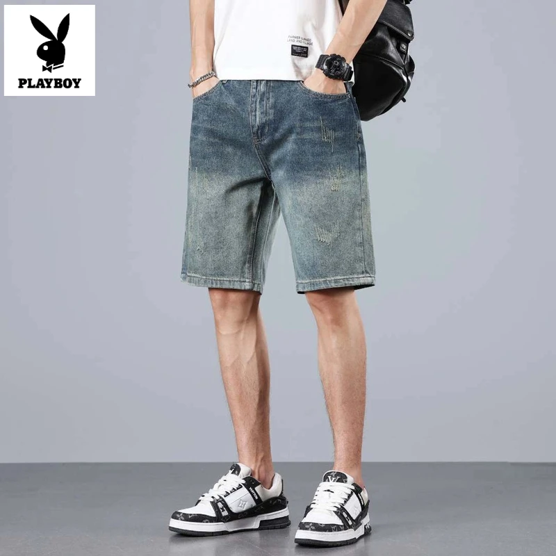 花花公子夏季新款时尚破洞百搭复古蓝牛仔短裤直筒男士大码休闲潮