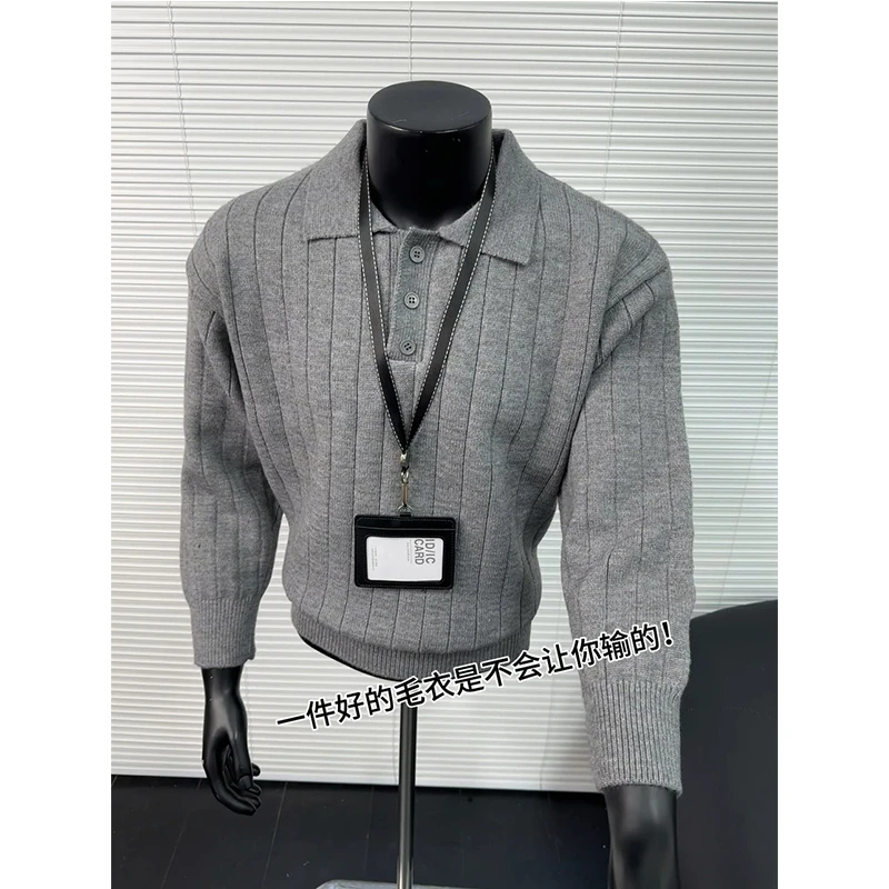 老钱风黑色POLO衫男女秋冬美式复古cleanfit针织正肩亨利领毛衣潮