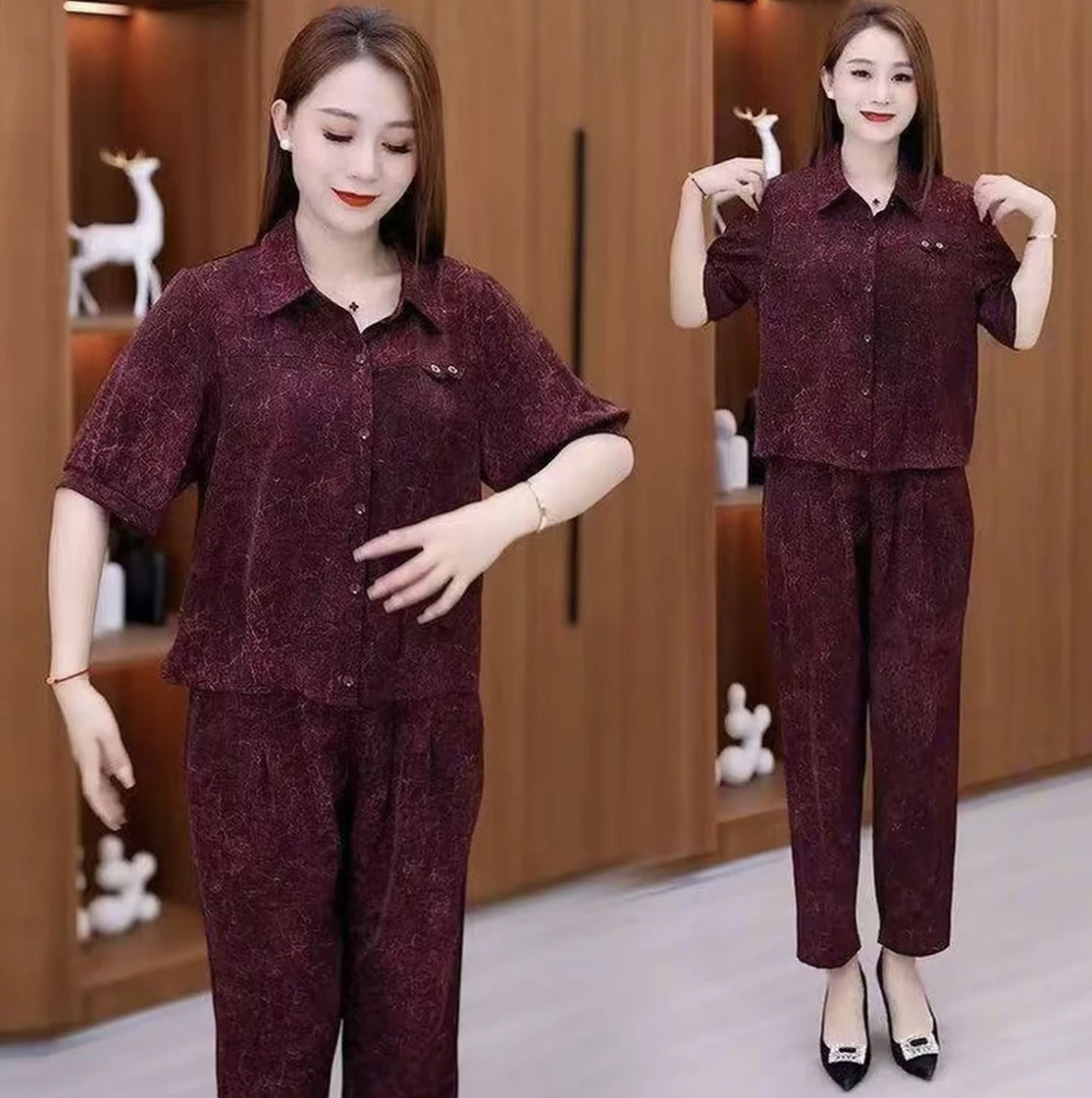 时尚翻领遮肉显瘦夏季新款短袖套装休闲减龄宽松透气衬衫两件套