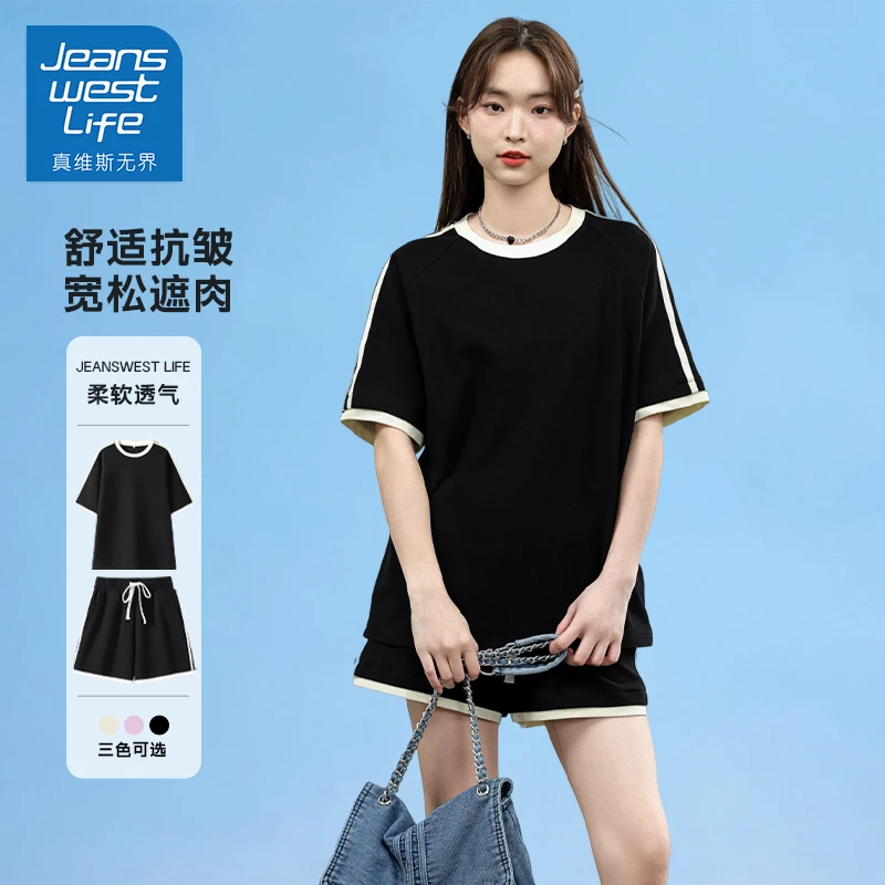 真维斯无界夏季黑色双条杠休闲两件套装圆领宽松时尚三分裤透气女