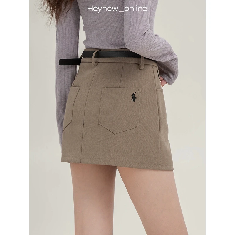 【春季新款】复古卡其色刺绣小马a字半身裙春季高腰包臀短裙-4D1228