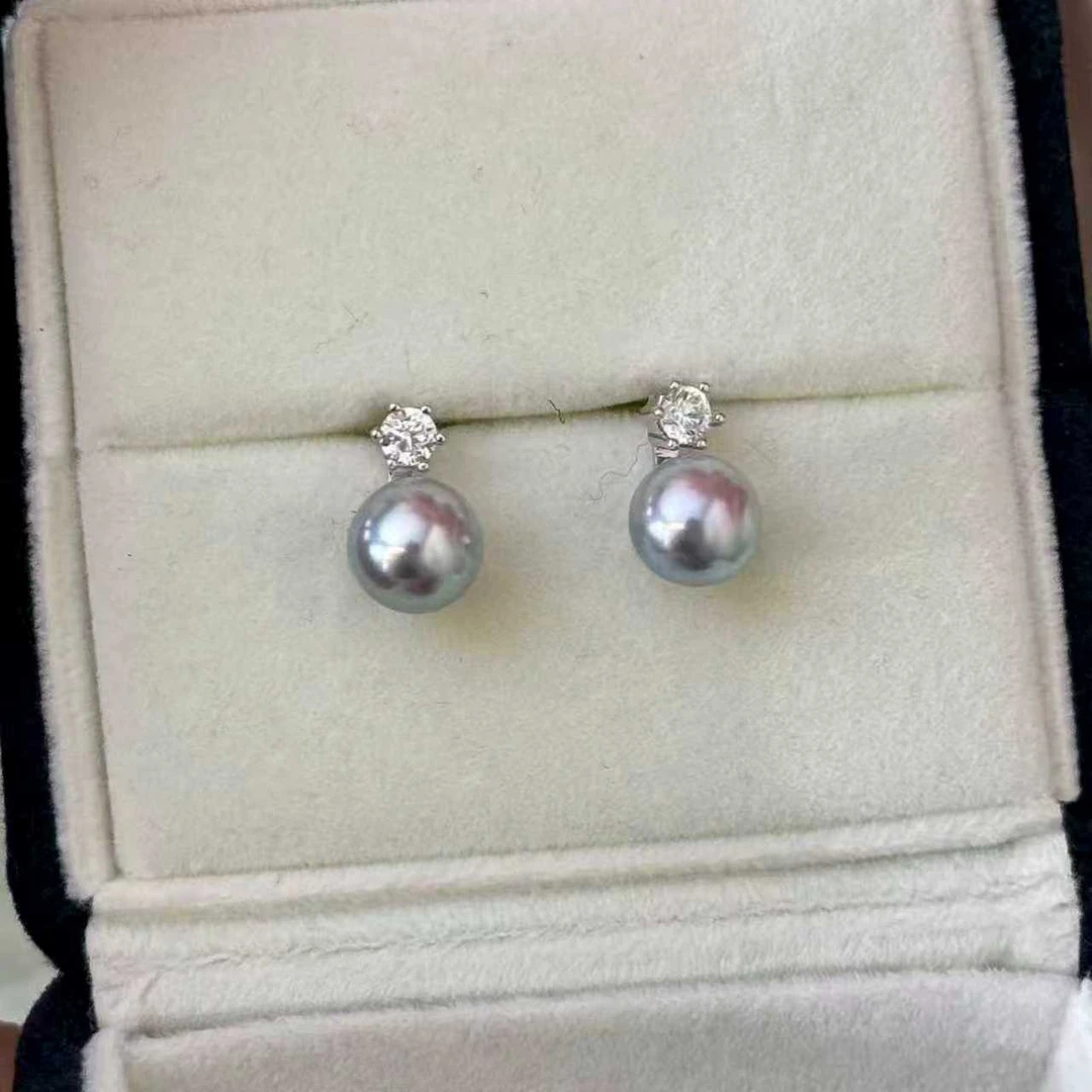 【吟吟甄选】天然海水珍珠Akoya真多麻色8-9mm经典款耳钉S925银
