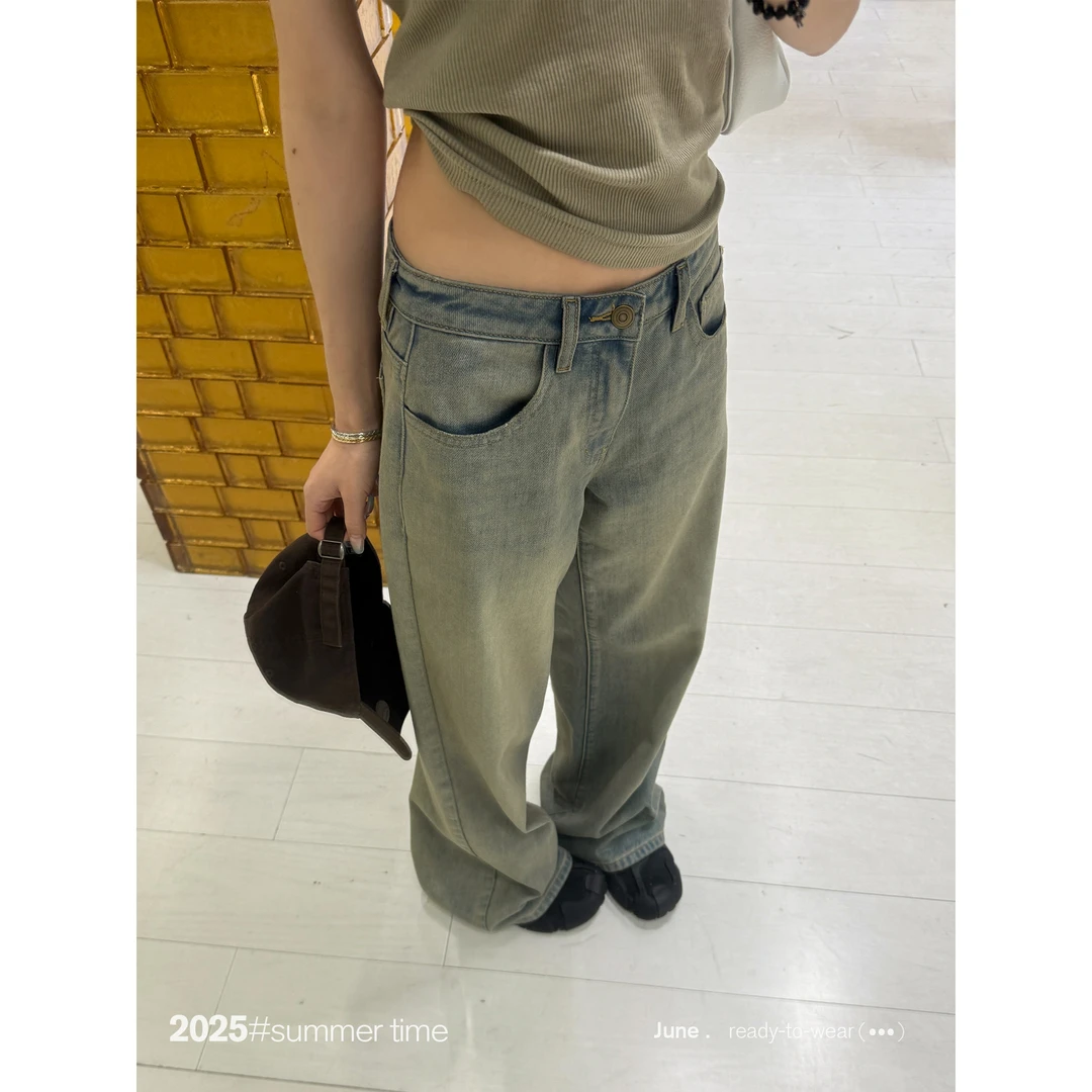 SUNONEONE 做旧复古水洗直筒牛仔裤女夏季宽松低腰休闲裤子H1116K