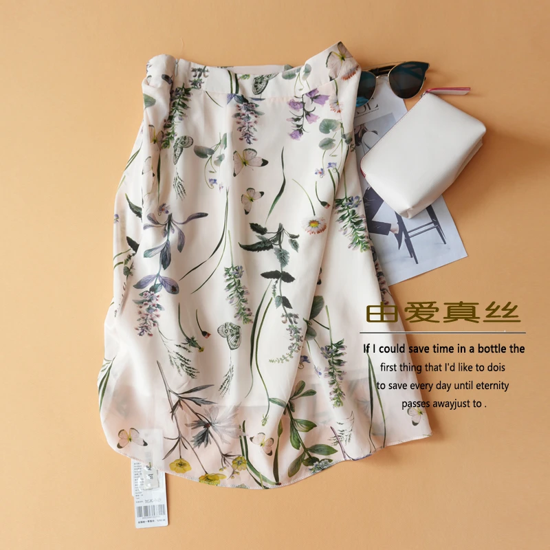 100桑蚕丝半身裙短款夏季2025女装新款百搭高腰显瘦印花真丝A字裙