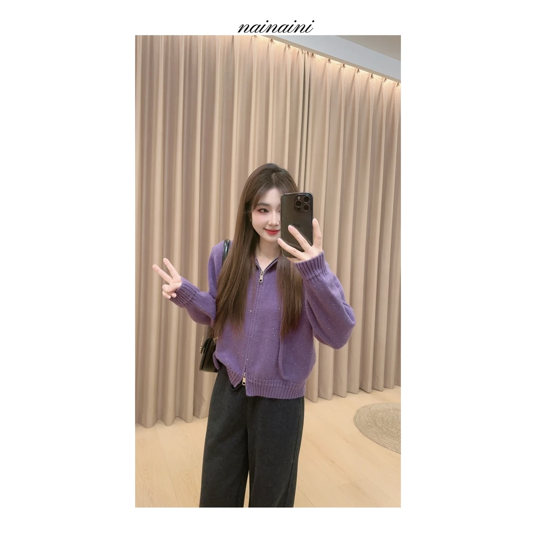 奈奈妮【半香缇卡】毛针织衫女2025秋冬小个子纯色连帽针织外套3866