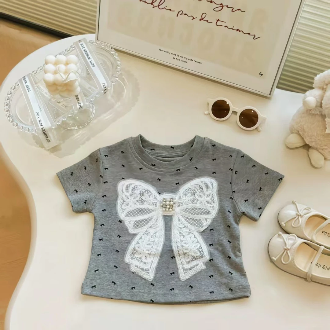 兮兮女宝夏季新款时尚灰底印花立体蝴蝶结短袖T恤潮流时尚爆款