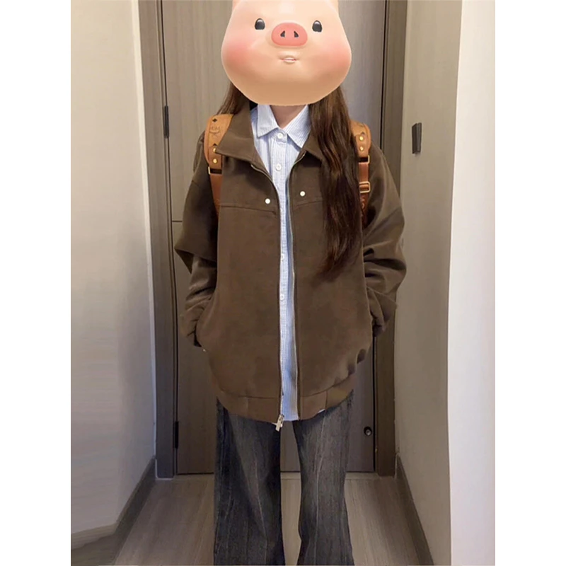 棕色美拉德皮衣外套男秋季潮牌高级感翻领短款飞行夹克情侣棒球服