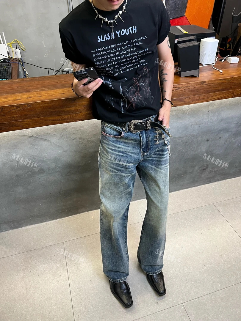 SDG-红边裤袋刀锋猫须直筒裤宽松夏季百搭休闲时尚做旧复古美式