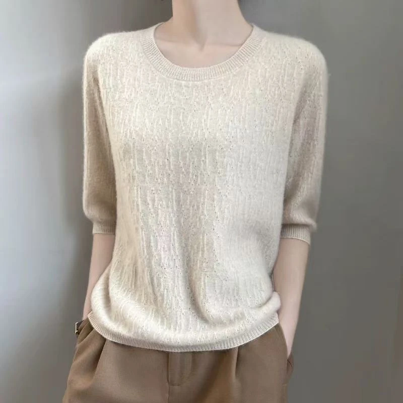 （反针挑动）针织短袖t恤女2025新款洋气内搭春秋打底衫大码156