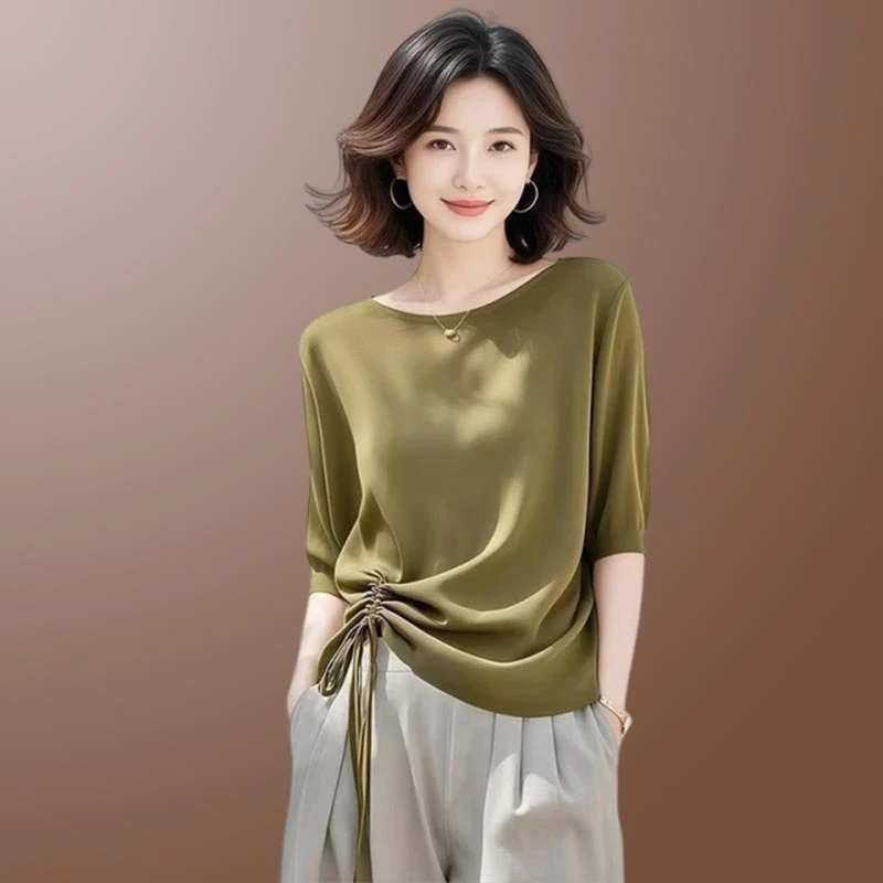 2025年夏季新款设计感圆领纯色修身短袖上衣休闲风T恤女装通勤潮