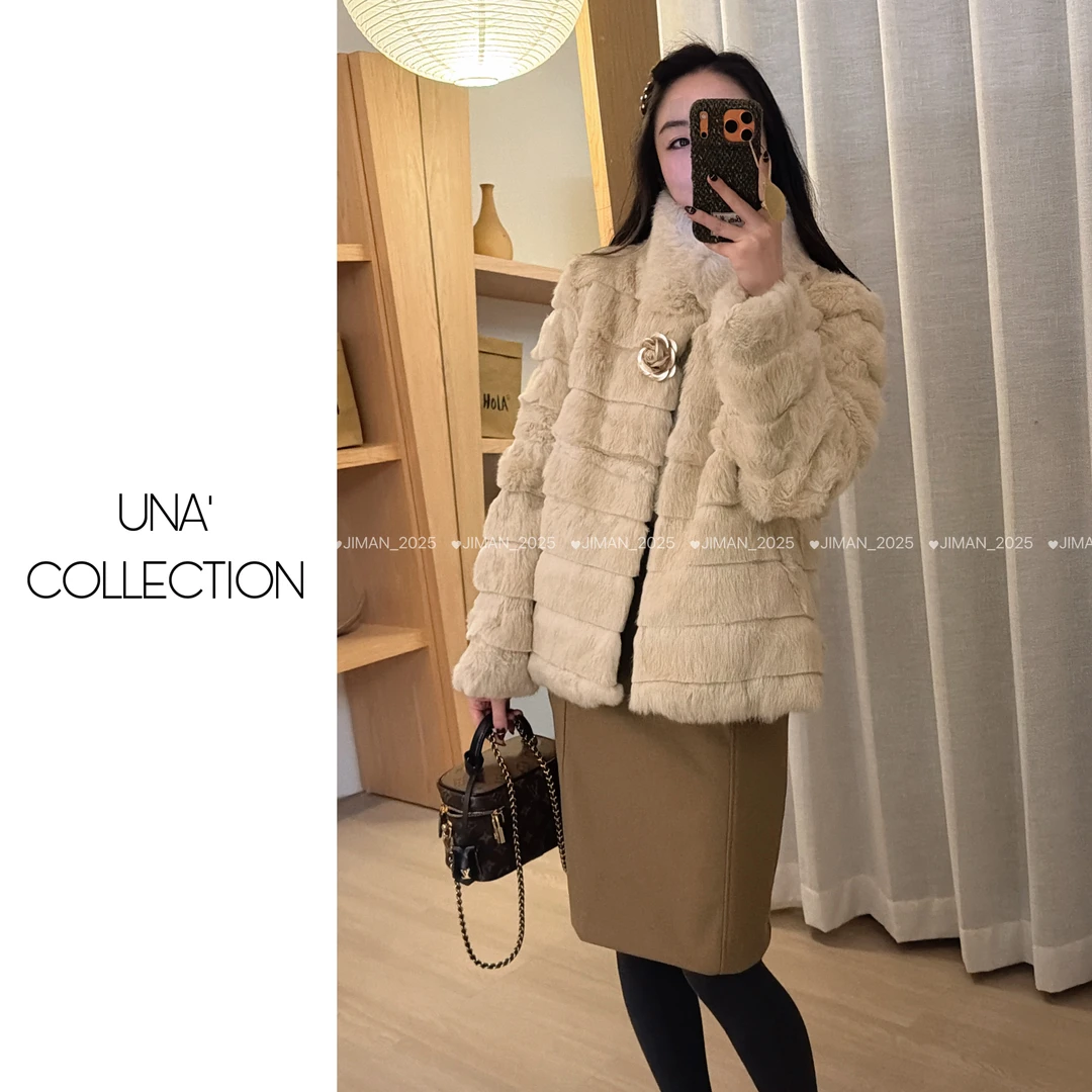 【吉满】千层布朗尼/自制款立领切条整皮兔毛短外套JM2988