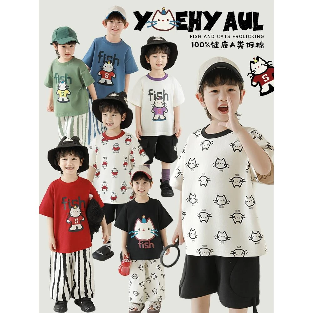 YOEHYAUL/幼悠夏叁波下【猫咪变装秀】印花宽松全棉半袖T恤N6034