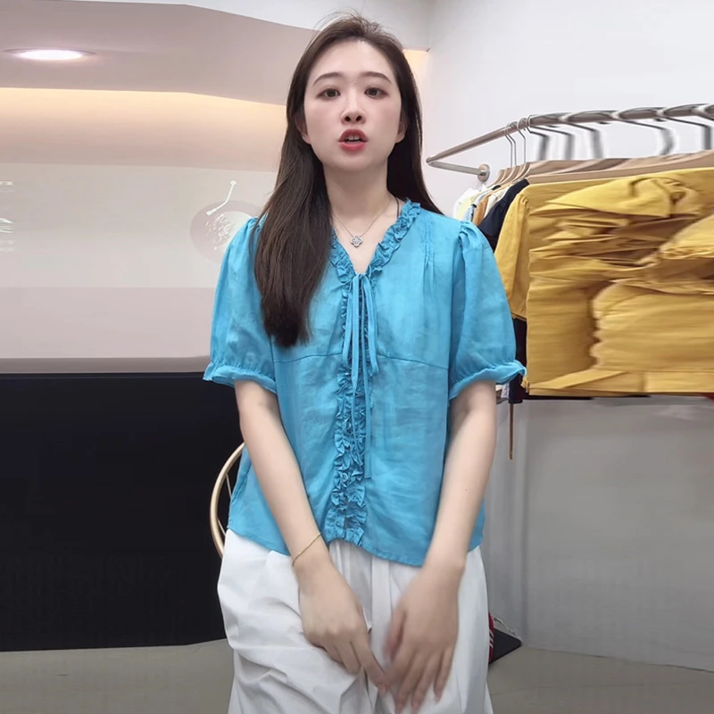 韩版2025夏季减龄小个子甜美气质木耳花边V领系带短袖衬衫女小衫