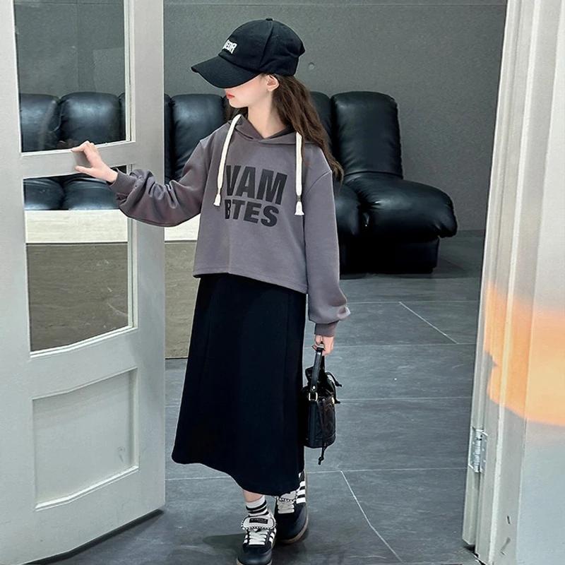 2025新款女童套装春款春季女大童洋气时尚连帽卫衣半身裙两件套潮