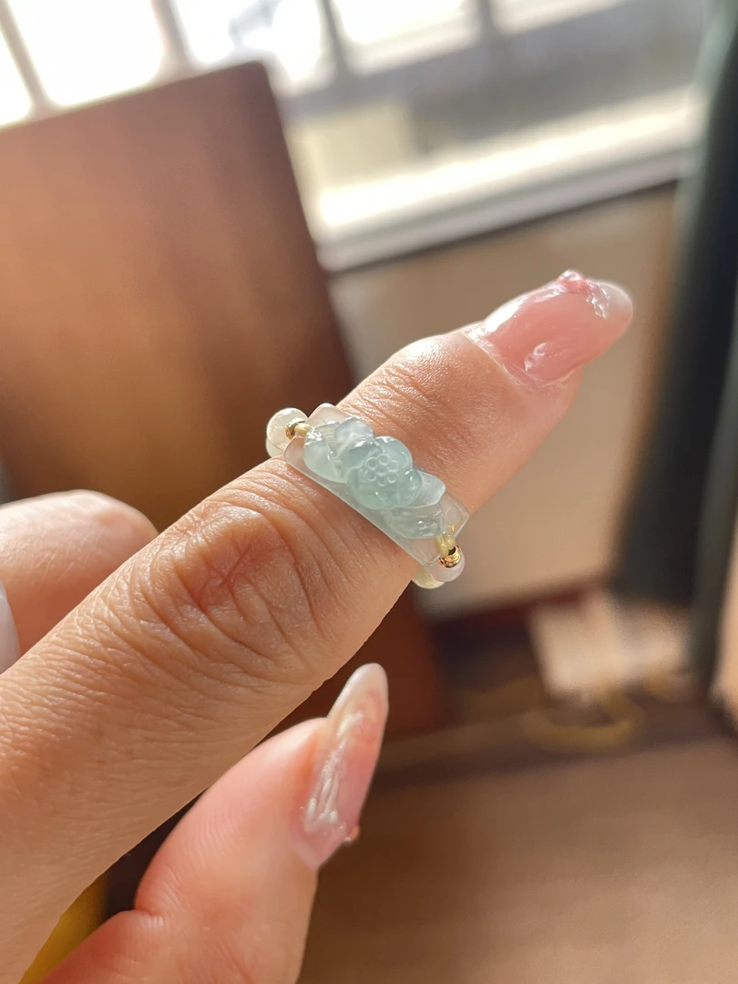 翡翠冰种蓝莲花特色戒排编制指环