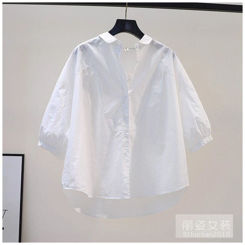 纯棉大码文艺范白色胖mm衬衣女七分袖休闲衬衫夏季新款气质上衣