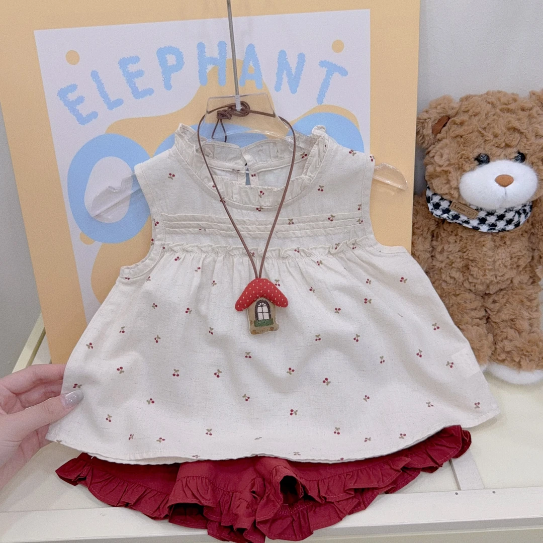 【XTL】2025新夏樱桃刺绣娃娃衫红色木耳边短裤套装2565