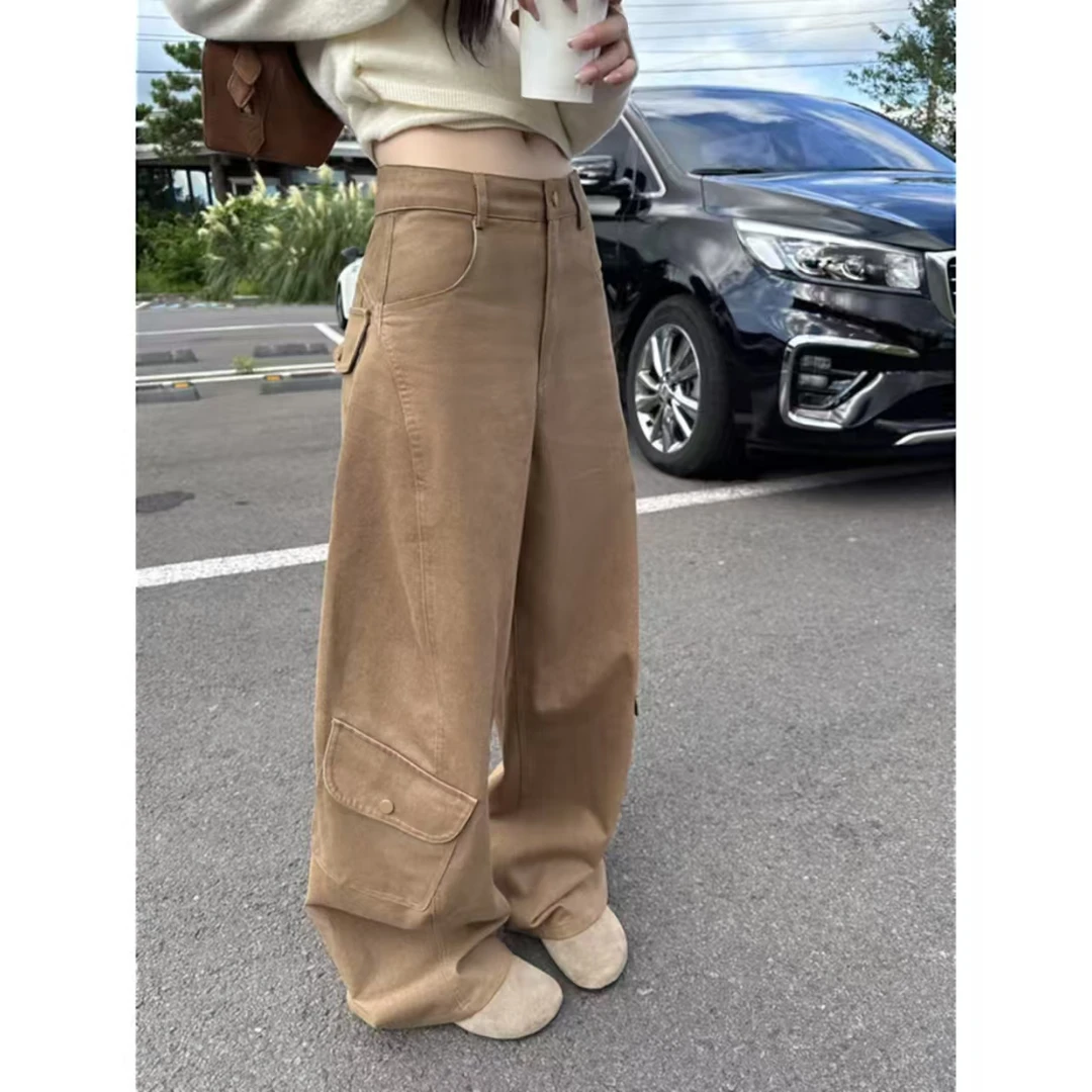 设计感美式复古宽松直筒休闲工装阔腿休闲弯刀裤H711