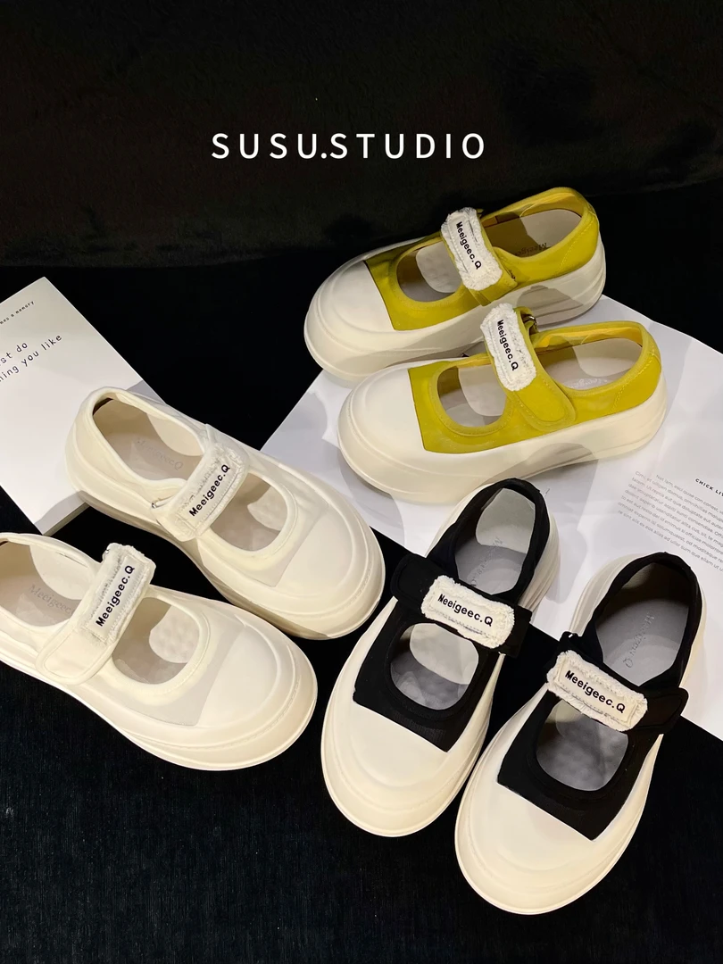 SUSU 【网纱玛丽珍】ins小众夏季厚底冰丝网纱一字带魔术贴百搭板鞋