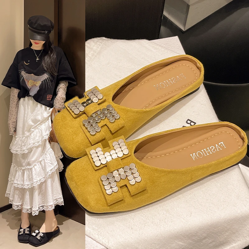勃肯鞋半拖女外穿2025春夏新款包头一脚蹬法式配裙子水钻平底拖鞋