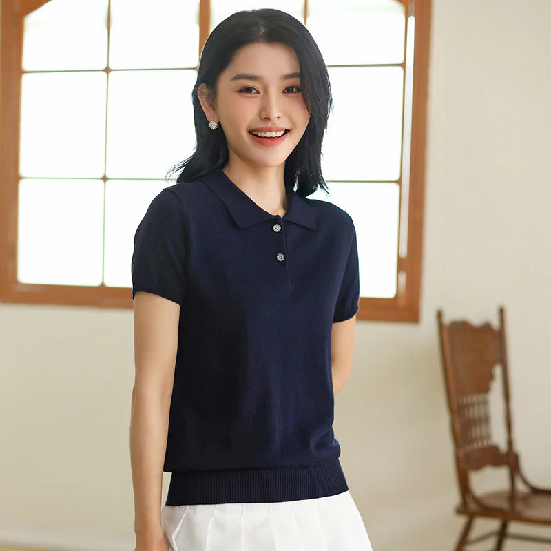 新款翻领纯棉短袖春夏季时尚针织衫休闲polo宽松显瘦百搭上衣女