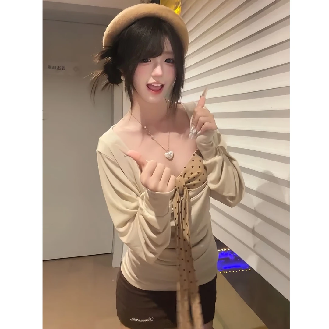 昭和千奈 秋季新款纯欲甜美三件套长袖打底衫上衣+抹胸+短裙套装