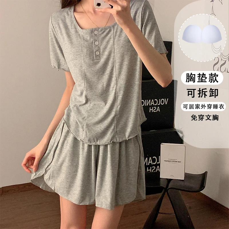 睡衣女新款莫代尔简约带胸垫灰色短袖短裤休闲宽松舒适家居服套装
