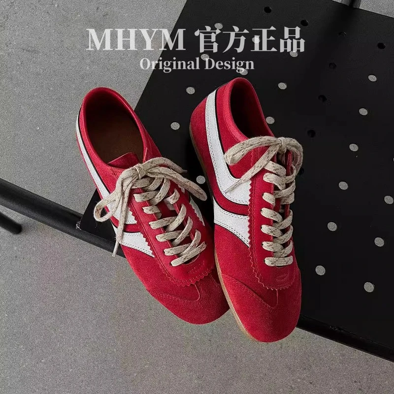 真皮内增高阿甘鞋2025新款春休闲百搭运动鞋复古系带红色德训鞋女