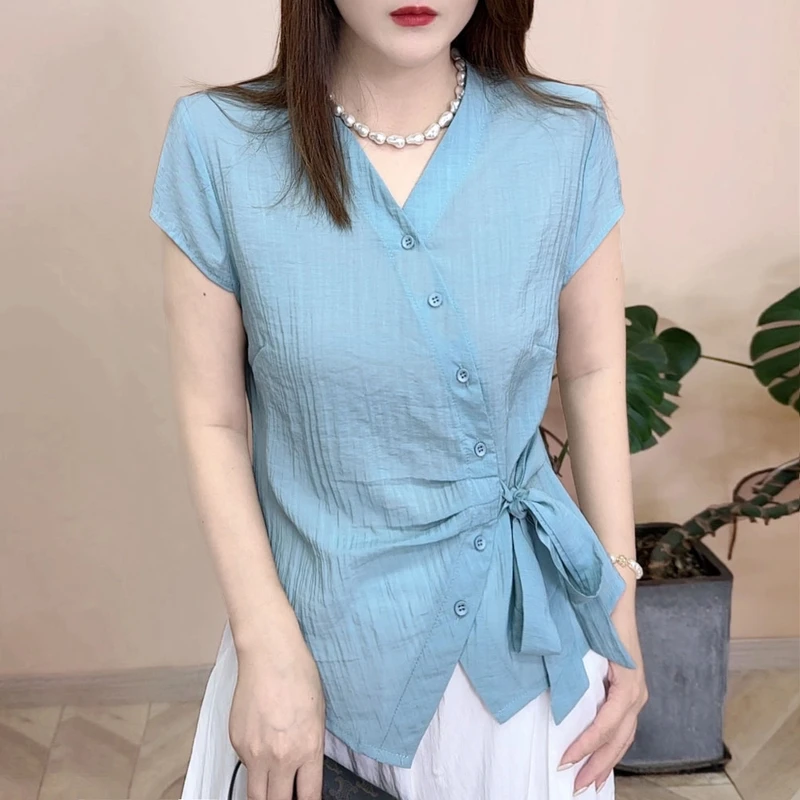 2025夏季新品薄款时尚百搭修身显瘦气质减龄设计感女士衬衫8080