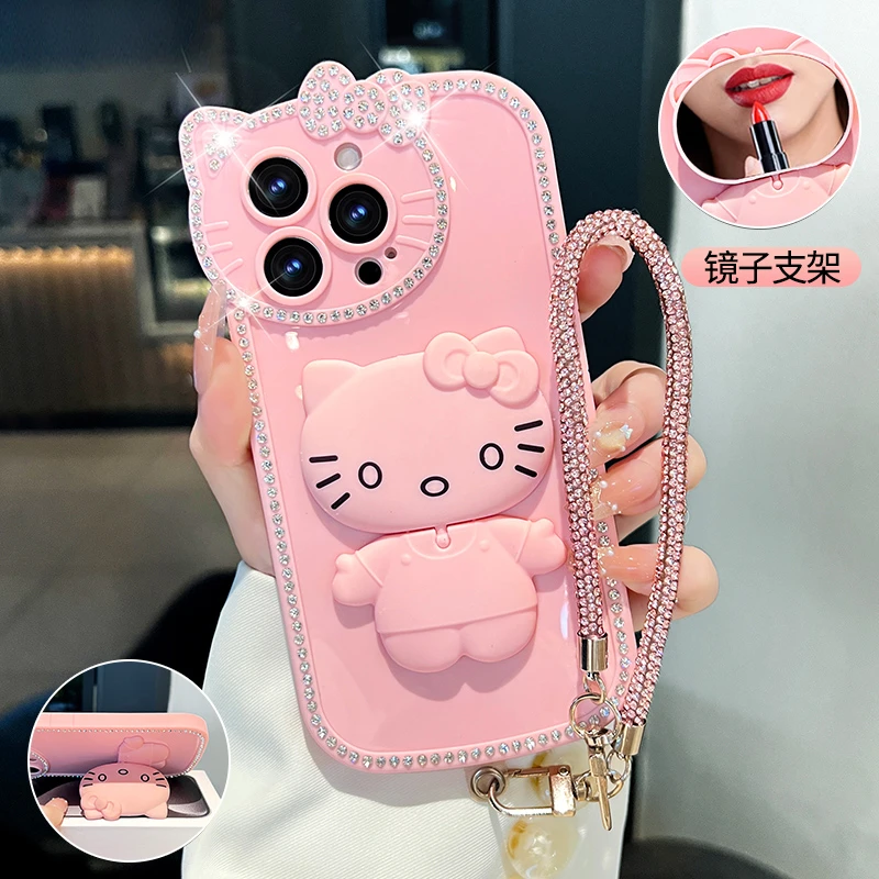 适用苹果15pro手机壳16promax闪钻猫咪补妆镜13/14/15/16防摔女款