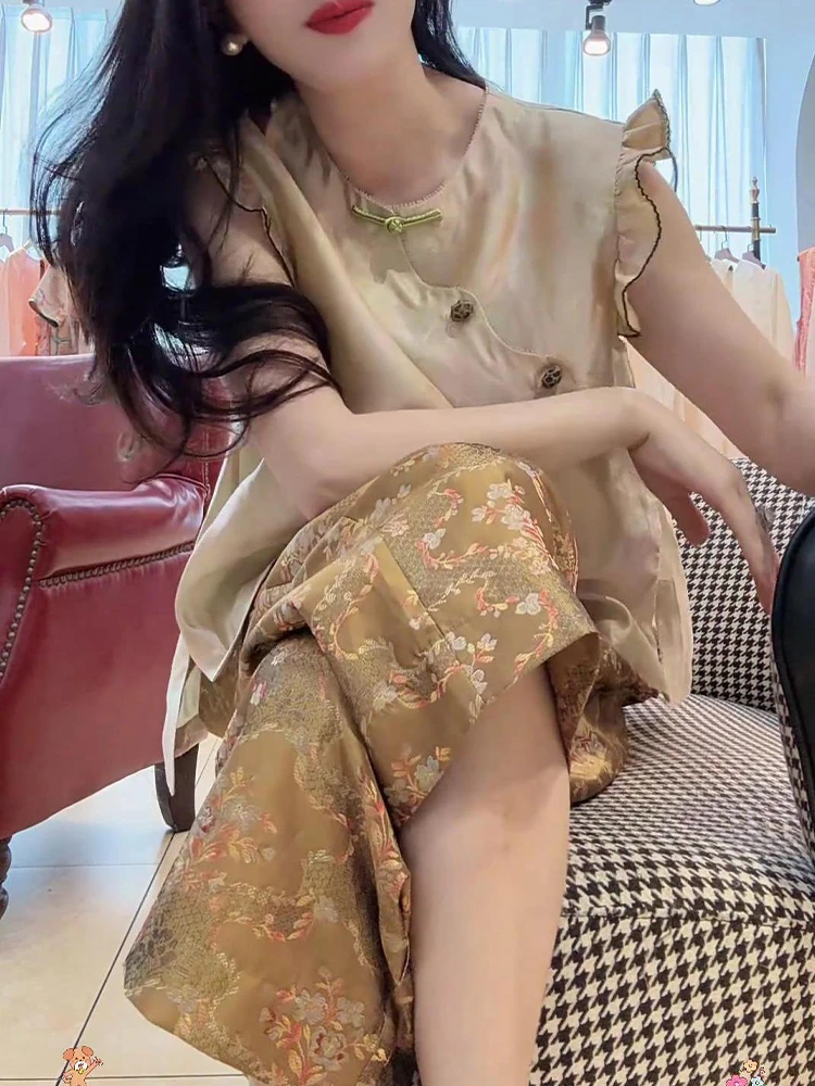 贵妇新中式夏季套装2025新款爆款高级感国风马甲上衣裤子两件套女