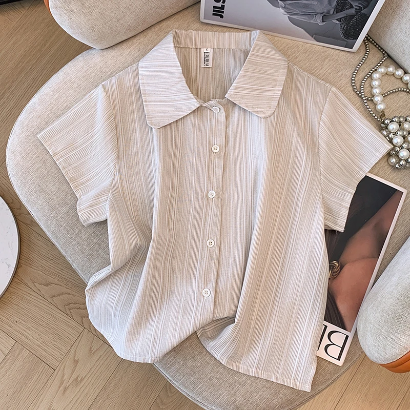 法式竖条纹短袖肌理感衬衣夏季翻领纯棉衬衫宽松显瘦小个子上衣