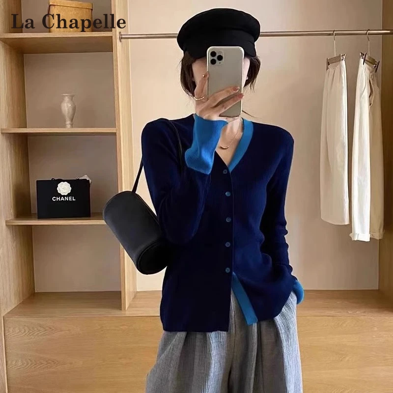 拉夏贝尔撞色拼接v领针织开衫女春秋季2025新款韩版显瘦毛衣上衣