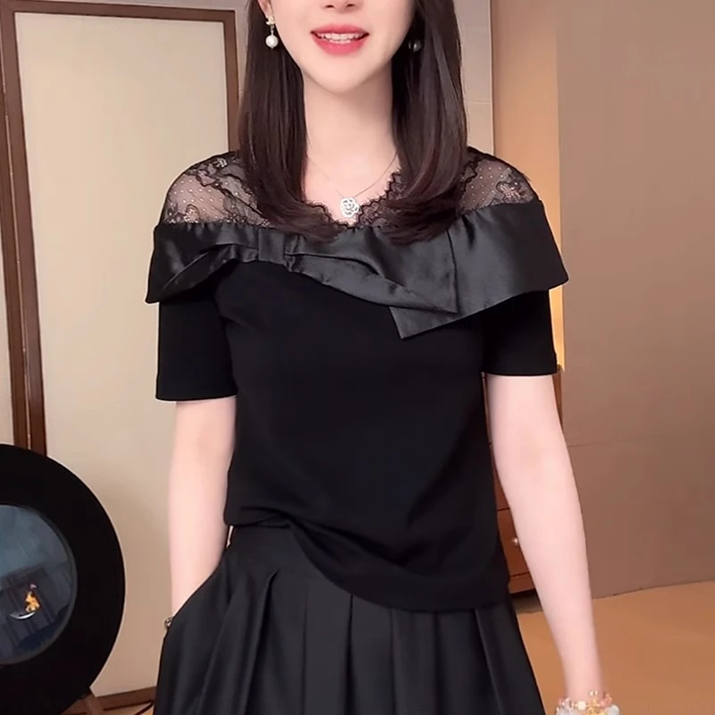 黑色t恤女短袖2025夏季新款时尚减龄休闲显瘦蕾丝花边一字领上衣