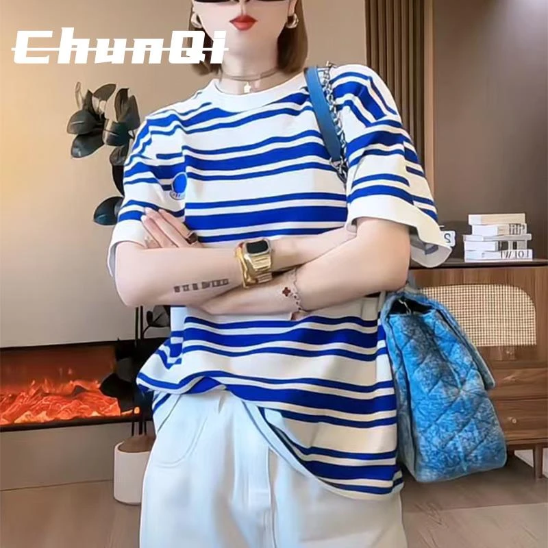 淳启美式复古撞色条纹短袖t恤女夏宽松oversize高级感中长款上衣