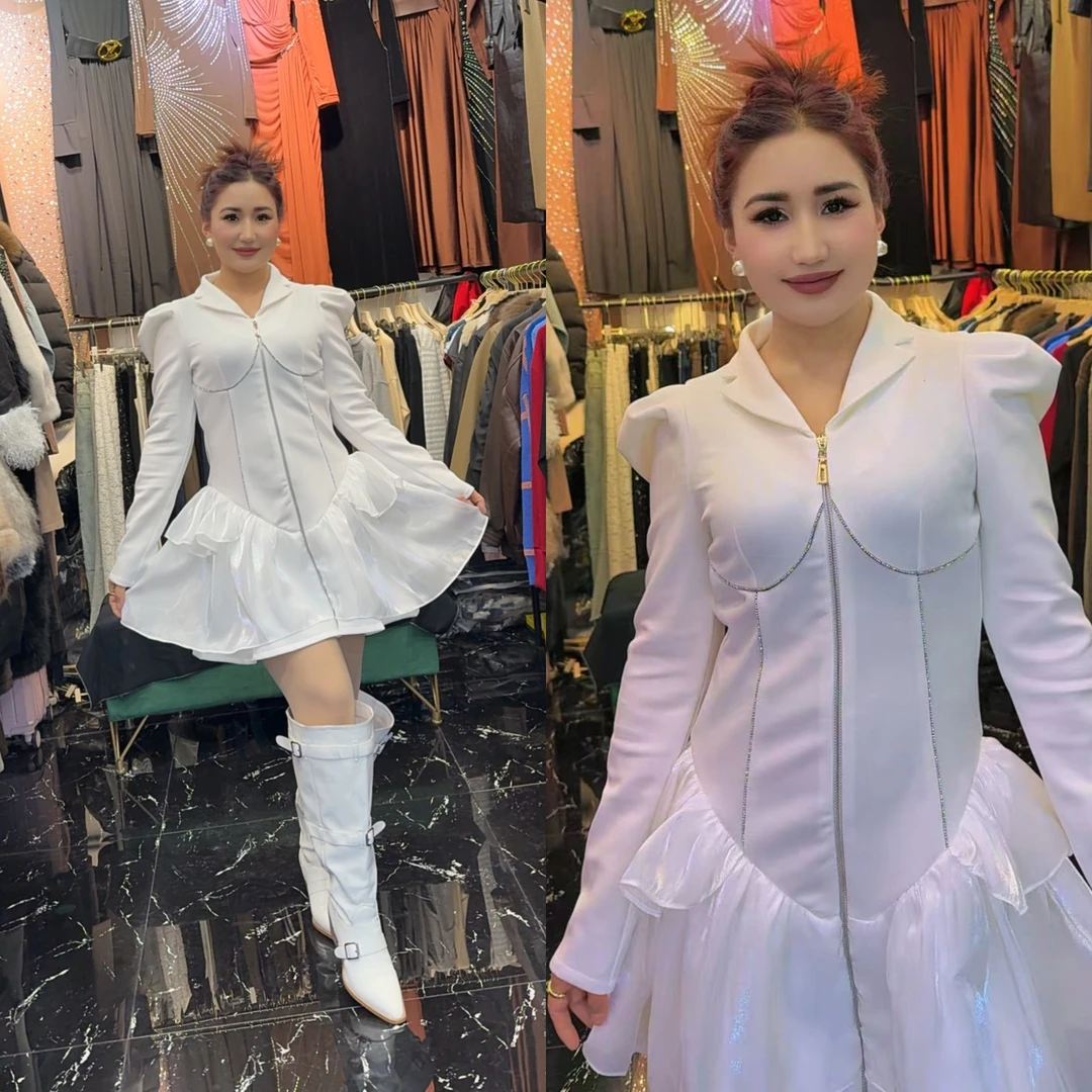 秋季气质泡泡袖修身拼接短裙连衣裙