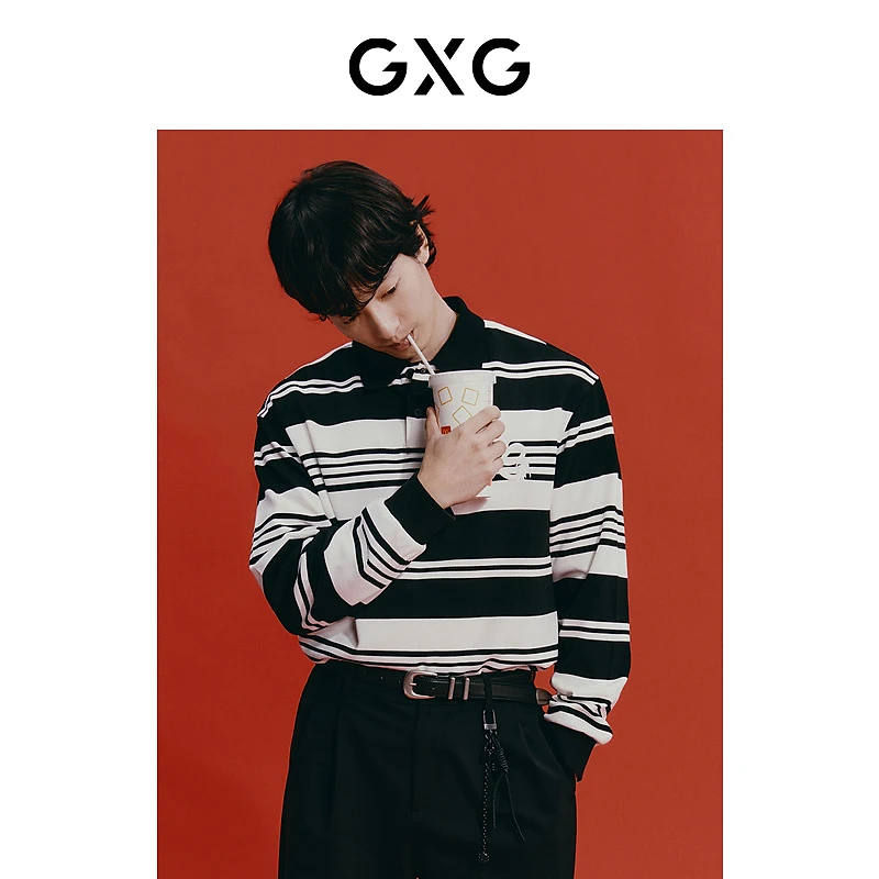 GXG男装 新年系列黑白条纹设计翻领卫衣春季新品#GFD13102161