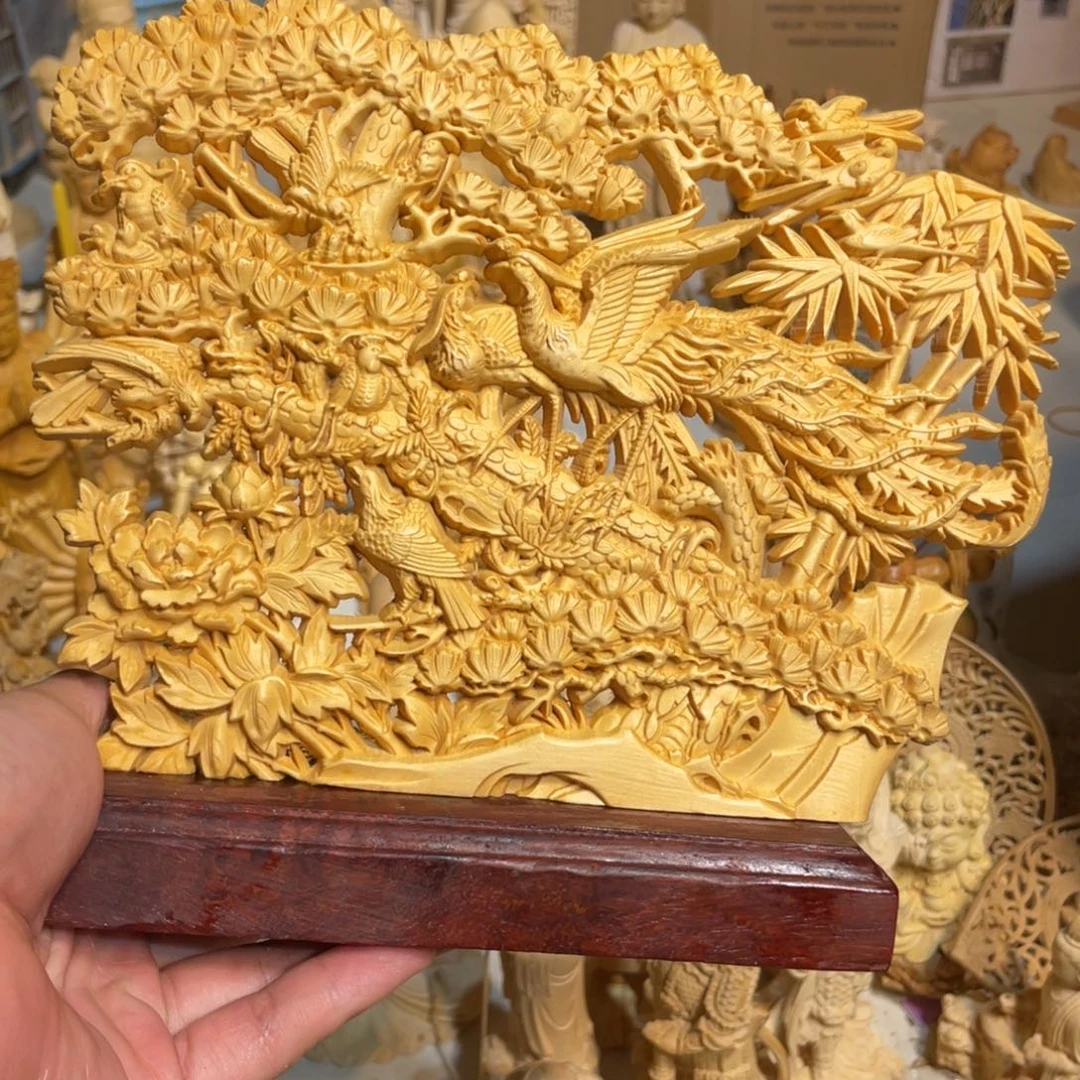 黄杨木百鸟朝凤摆件