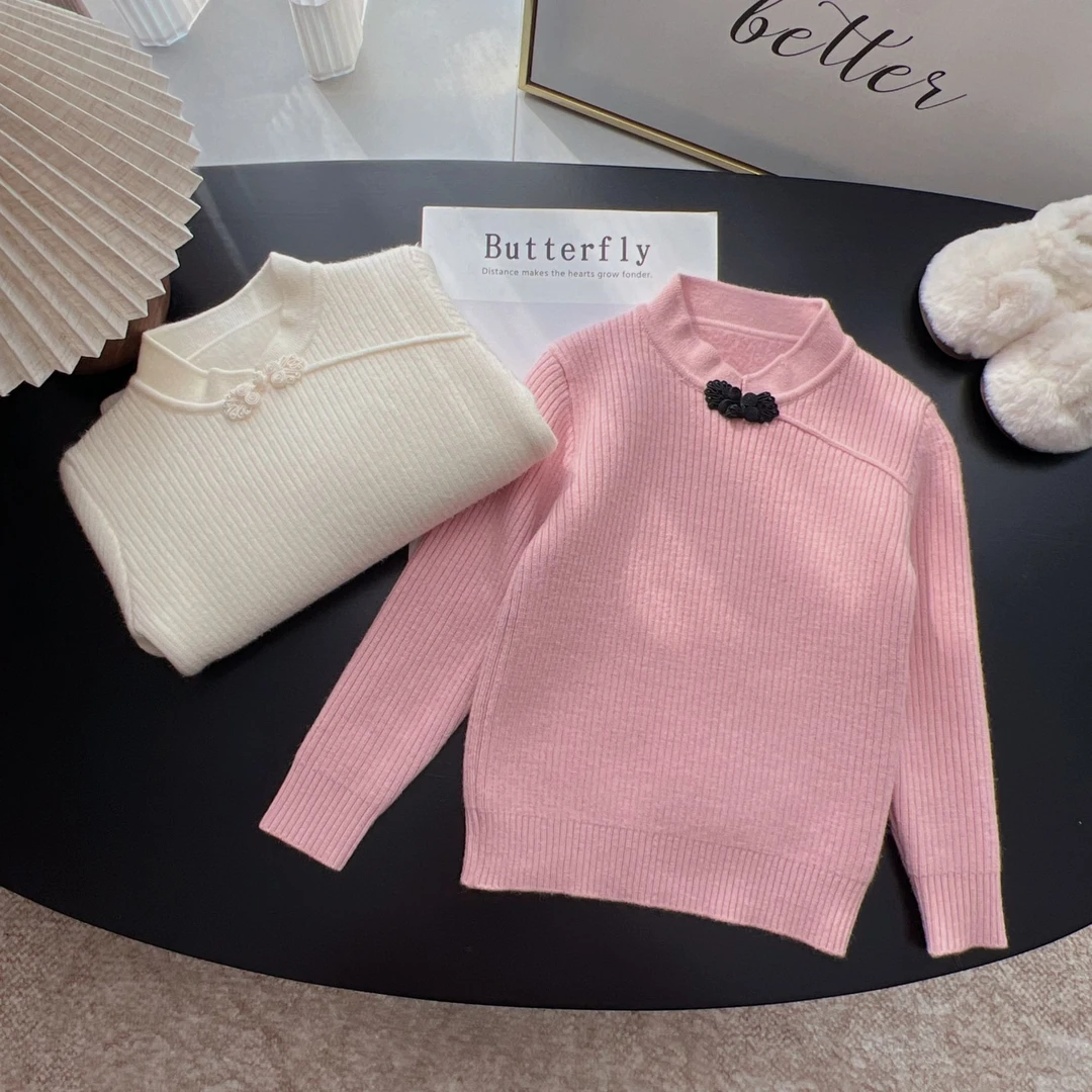 冬季洋气新中式纯色针织盘扣套头女童加绒毛衣H-196386