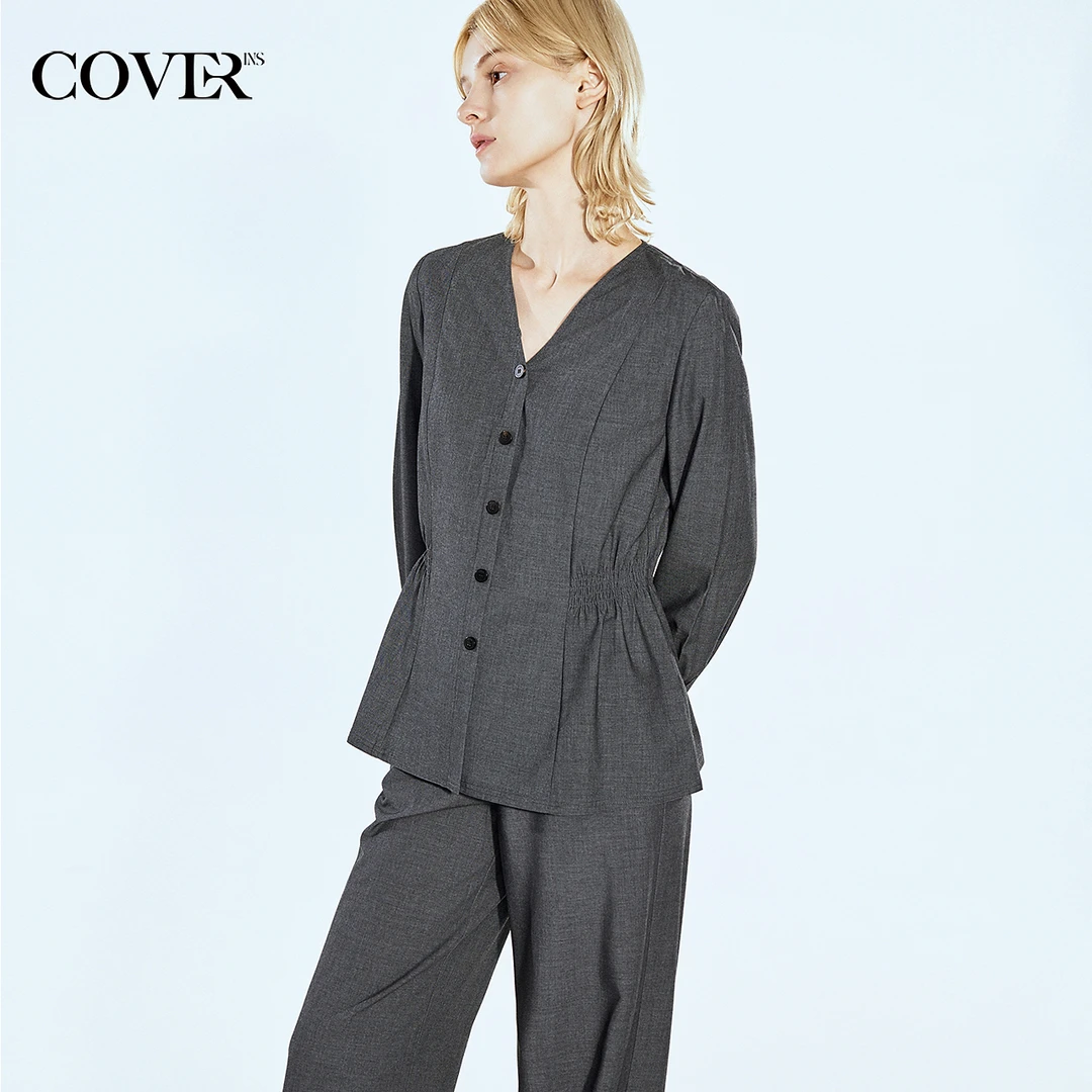 COVERINS2025春季格雷系V领收腰混纺上衣