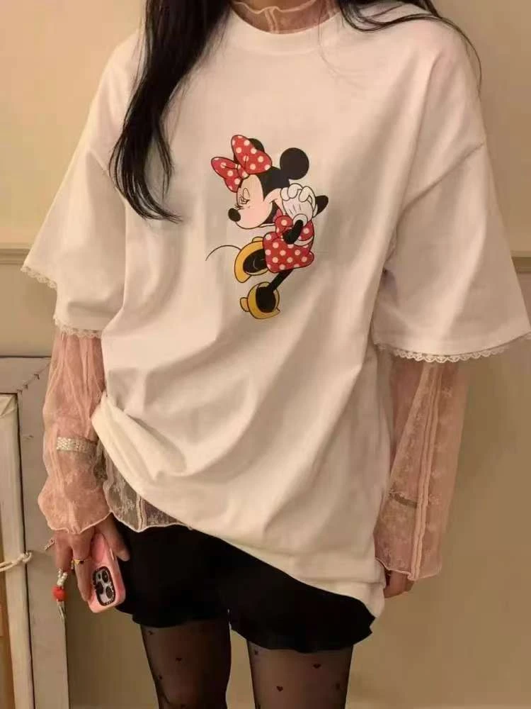 【济州岛】baby家 蕾丝拼接袖米妮印花大版短袖T