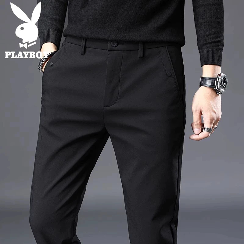 花花公子秋季休闲裤男士修身小脚长裤子新款弹力潮流黑色西裤男裤