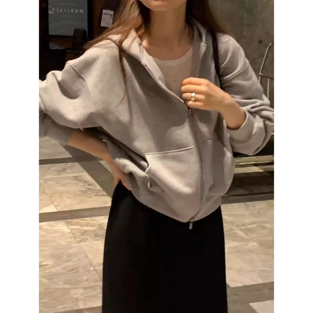 【粉风】东大门.ounce简约连帽纯色宽松拉链卫衣