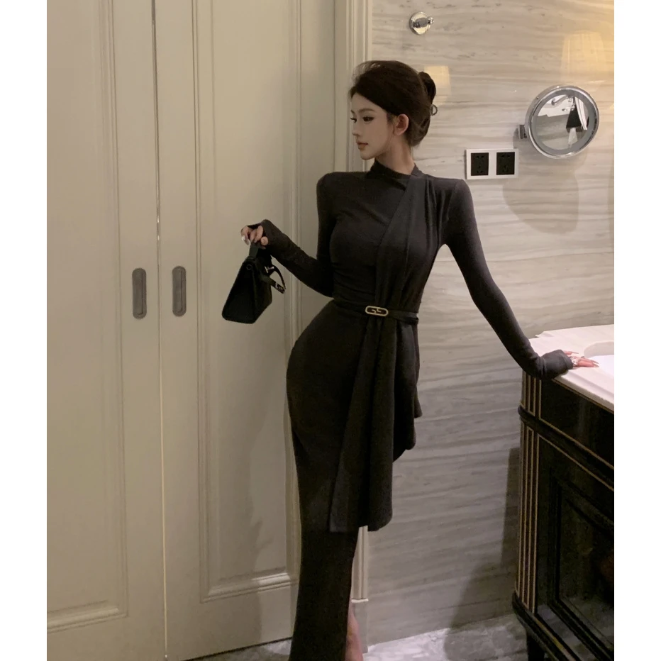 时尚御姐风针织飘带收腰长袖连衣裙女法式气质开叉显身材包臀长裙