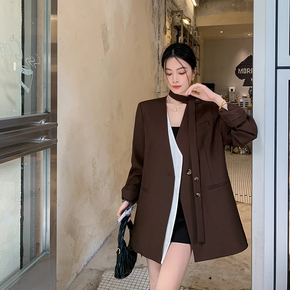 缤菓binguo咖色复古不规则西装外套女秋新款设计感小众西服女款