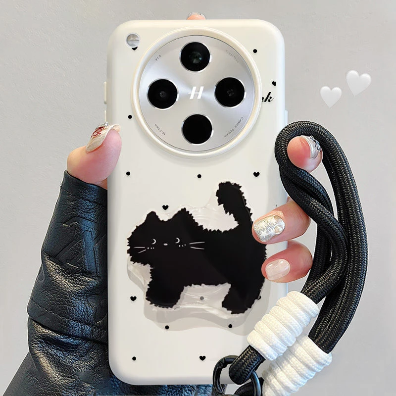 炸毛黑猫支架适用苹果16promax手机壳小众透明vivo带挂绳小米OPPO