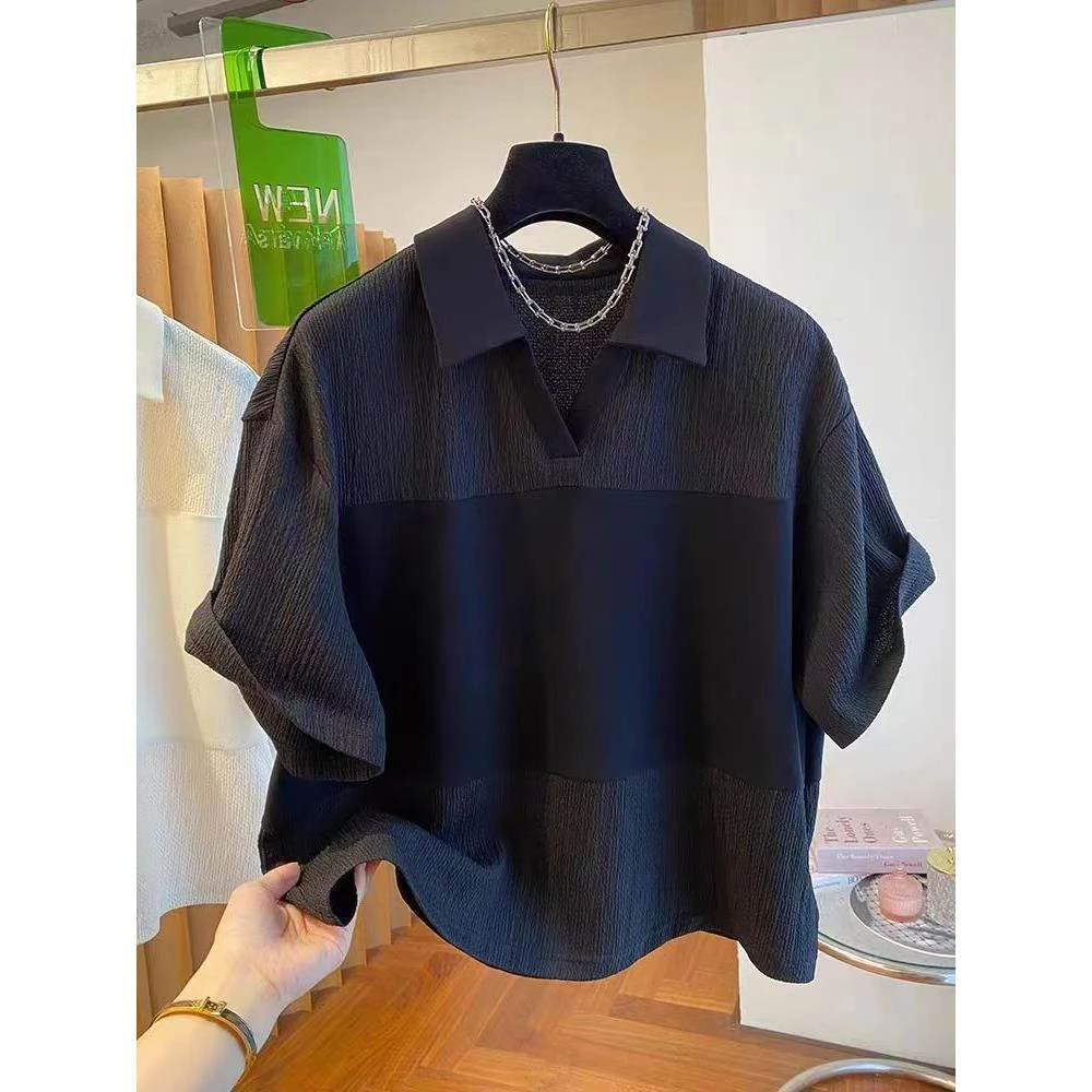 300斤特大码拼接V领POLO衫上衣男短袖夏季薄款宽松百搭翻领T恤ins