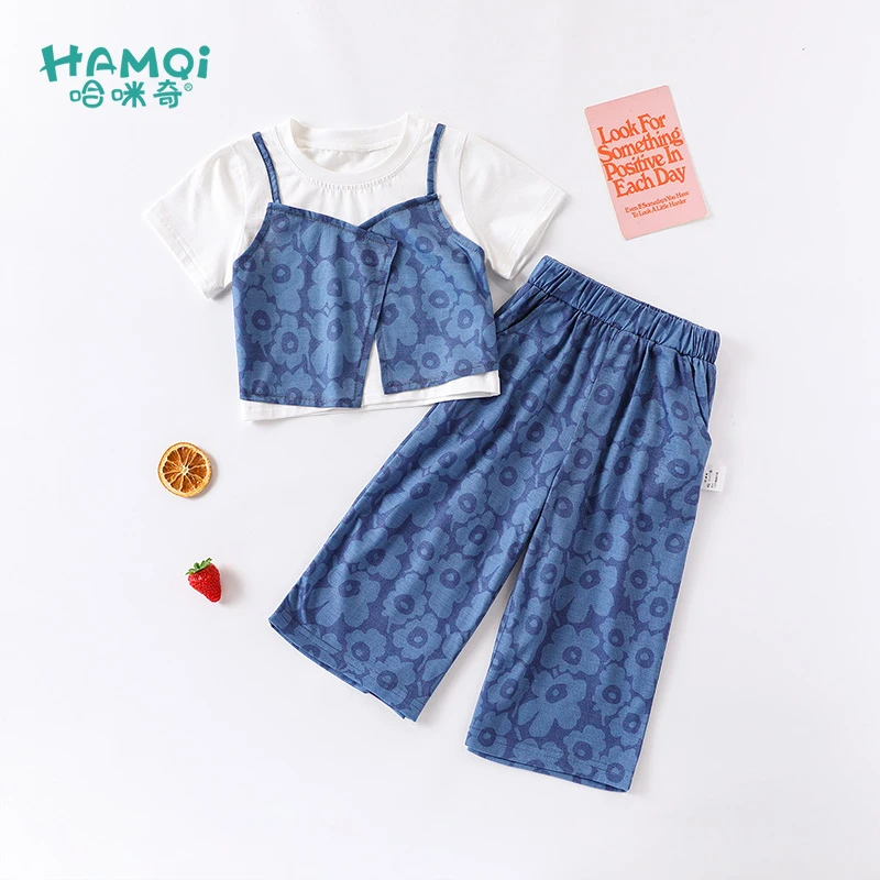 女童夏季短袖套装小儿童新款洋气两件套宝宝衣服假两件上衣九分裤