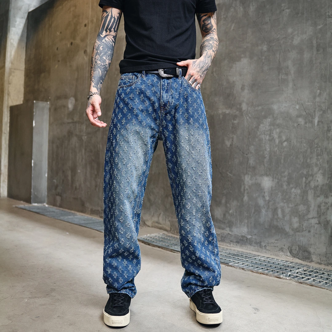 提花高品男士破洞牛仔裤休闲裤运动直筒时尚春夏潮男复古宽松设计
