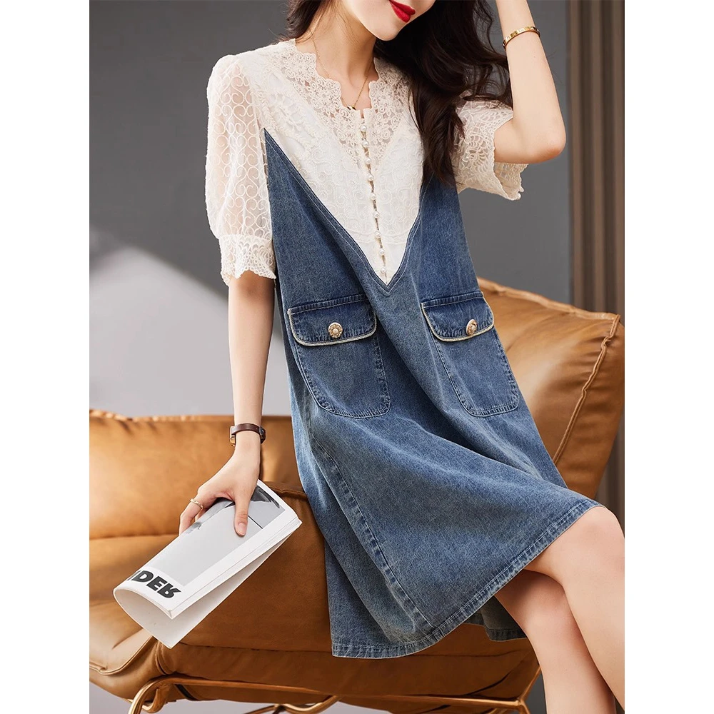 时尚高级感V领假两件裙子女2025夏季新款宽松气质显瘦拼接连衣裙